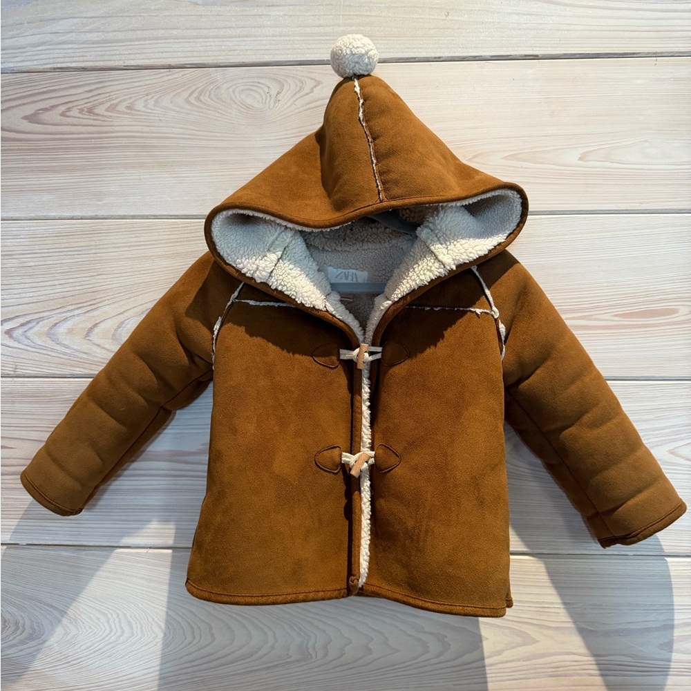 Zara Kids Tan Hooded Faux-Suede Puffer Coat with Pom